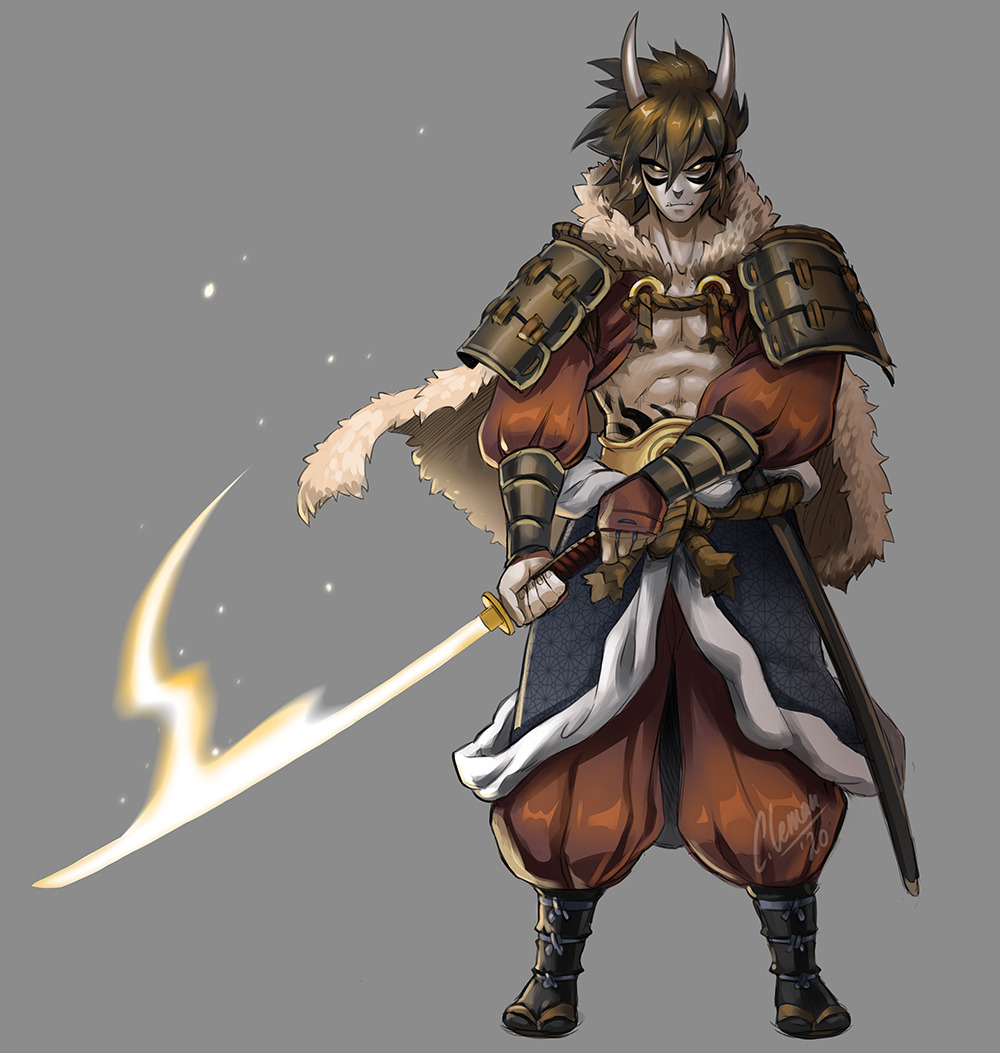 1boy, abs, armor, belt, brown_hair, cape, cathianemelian, fangs, fur_cape, glowing, glowing_eyes, grey_skin, horns, japanese_armor, katana, oni, pointy_ears, puffy_pants, puffy_sleeves, ronin, sandals, socks, sword, underbite, weapon