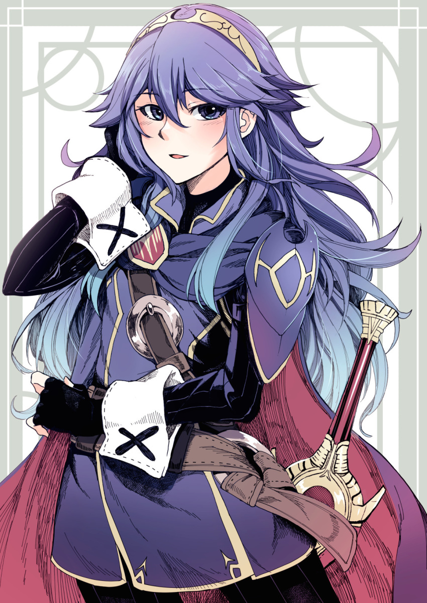 1girl, armor, blue_eyes, blue_hair, blush, cape, falchion_(fire_emblem), fingerless_gloves