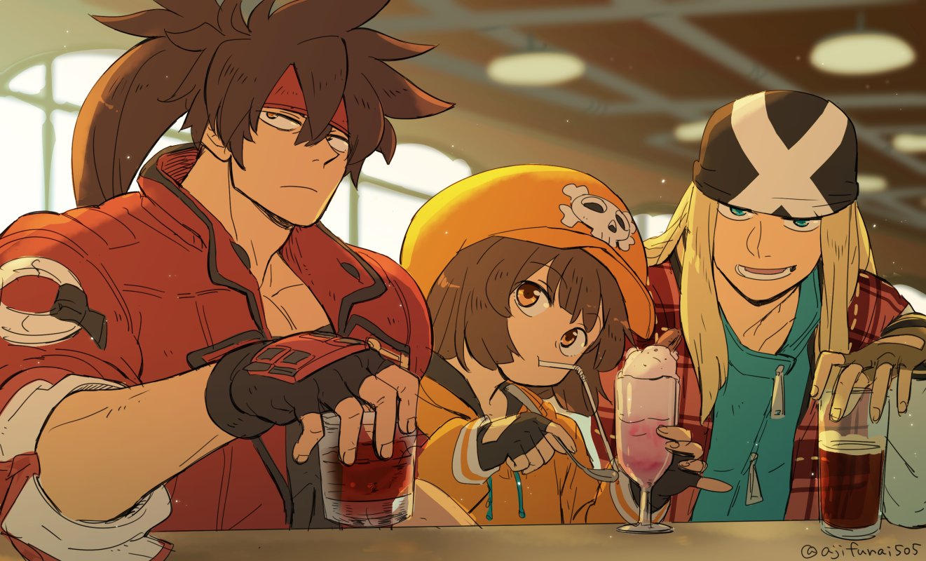 1girl, 2boys, alcohol, asaya_minoru, axl_low, bandana, black_gloves, black_shirt