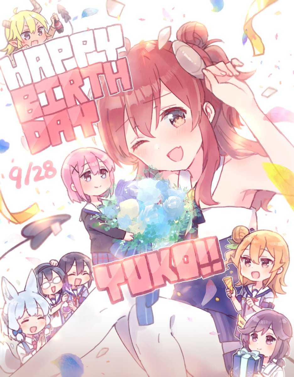 ahoge, birthday, blush, bouquet, brown_hair, chiyoda_momo, cola, confetti