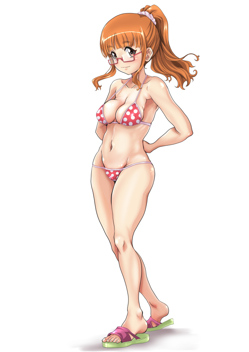 1girl, absurdres, alternate_hairstyle, arms_behind_back, bangs, bikini, blunt_bangs, breasts