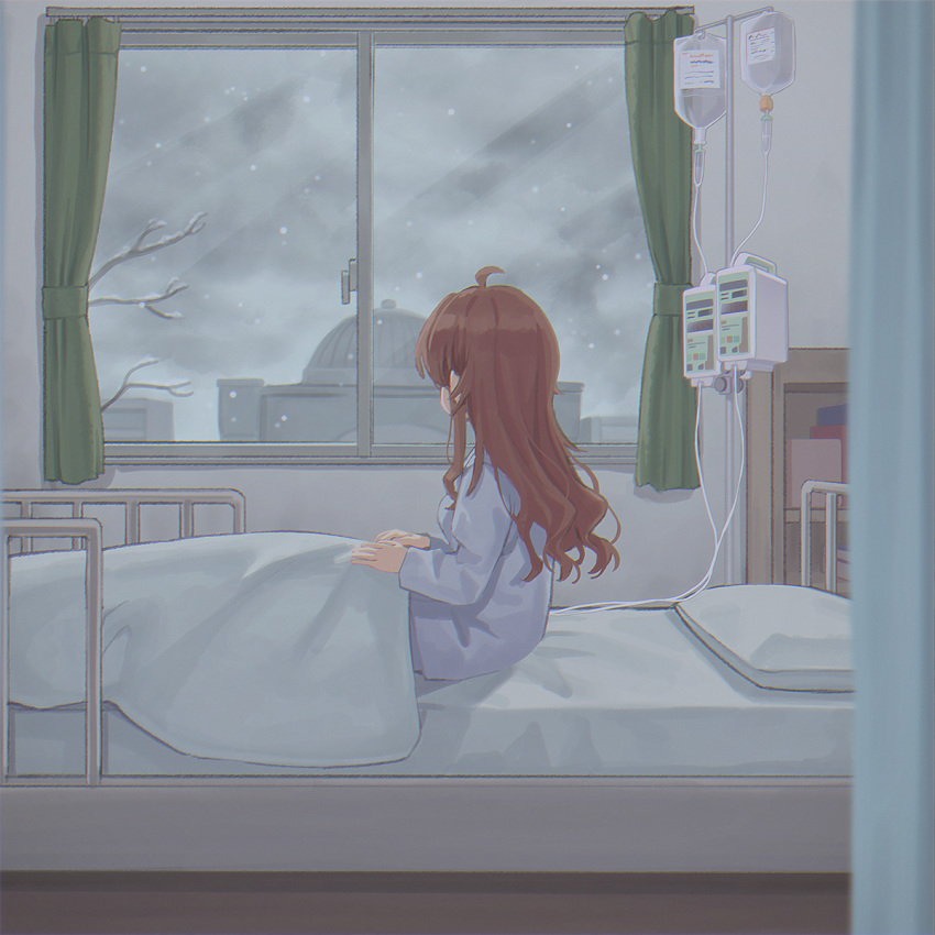 1girl, ahoge, bed, brown_hair, commentary, examination_table, highres, hospital