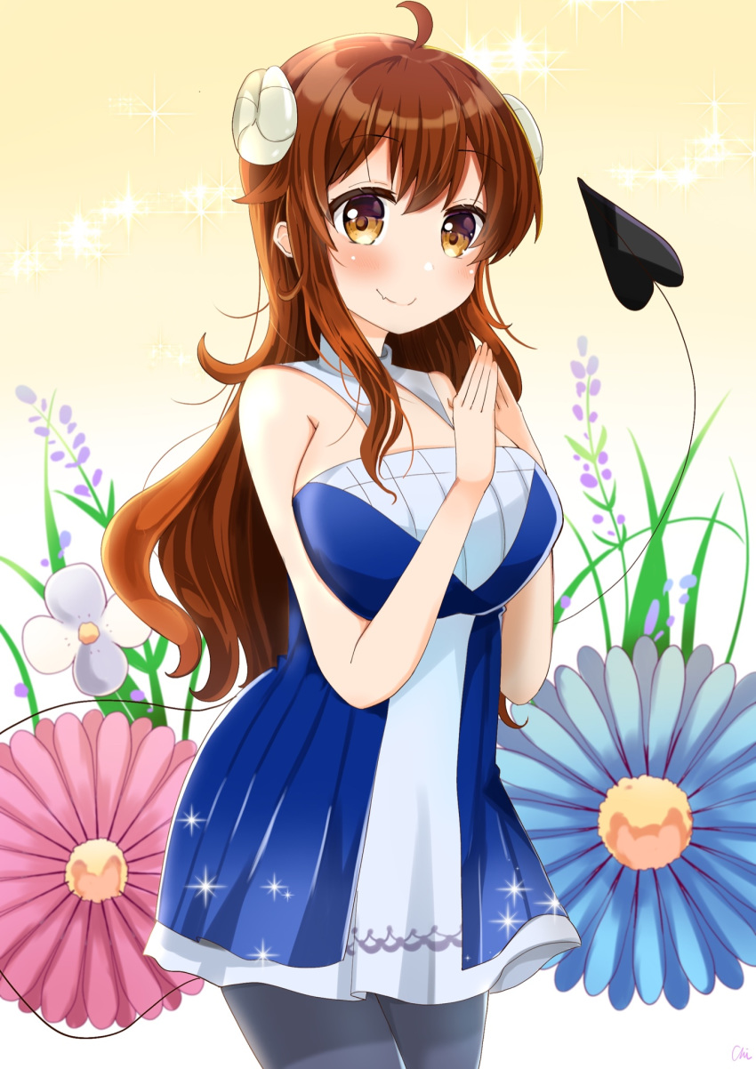 1girl, ahoge, blush, brown_hair, chinami_ura, curled_horns, daisy, demon_girl, demon_horns, demon_tail, dress, eyebrows_visible_through_hair, fang, flower, highres, horns, long_hair, machikado_mazoku, pantyhose, skin_fang, smile, solo, tail, yoshida_yuuko_(machikado_mazoku)