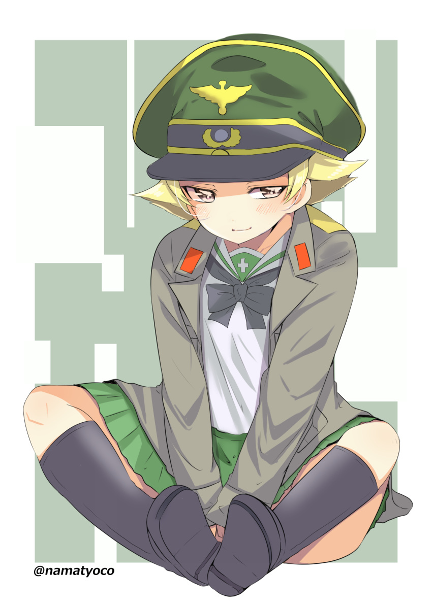 1girl, black_bow, black_footwear, black_neckwear, blonde_hair, blouse, boots, bow, brown_eyes, brown_jacket, closed_mouth, commentary, erwin_(girls_und_panzer), full_body, girls_und_panzer, green_headwear, green_skirt, half-closed_eyes, hat, highres, jacket, light_blush, long_sleeves, looking_at_viewer, military_hat, military_jacket, miniskirt, namatyoco, ooarai_school_uniform, open_clothes, open_jacket, peaked_cap, pleated_skirt, pointy_hair, sailor_collar, school_uniform, short_hair, sitting, skirt, smile, solo, twitter_username, v_arms, white_blouse, white_sailor_collar