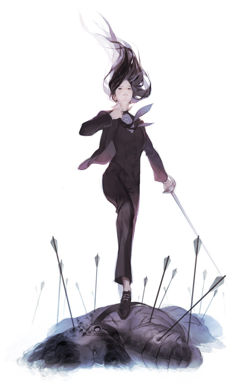 1boy, 1girl, armor, arrow_(projectile), aso20, beard, black_eyes, black_footwear