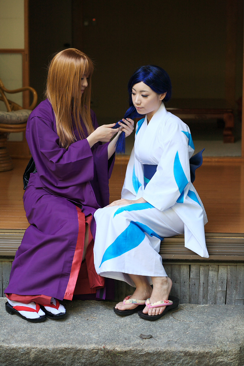 blue_hair, braiding, cosplay, fujino_shizuru, kuga_natsuki, mai_hime, miyuki, moto