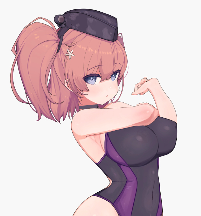 1girl, :o, atlanta_(kantai_collection), bangs, black_choker, black_headwear, black_swimsuit, blue_eyes, blush, breasts, brown_hair, choker, competition_swimsuit, earrings, eyebrows_visible_through_hair, garrison_cap, grey_background, hat, headgear, highres, jewelry, kantai_collection, large_breasts, long_hair, one-piece_swimsuit, open_mouth, rose_neru, simple_background, single_earring, solo, star_(symbol), star_earrings, stretch, swimsuit, two_side_up, upper_body