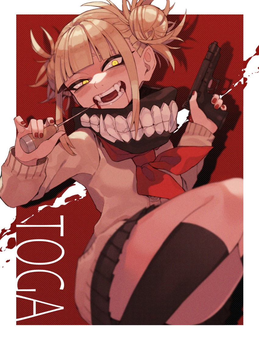 1girl, bangs, black_legwear, black_skirt, blonde_hair, blood, blood_from_mouth, blunt_bangs, blush, boku_no_hero_academia, cardigan, character_name, commentary, double_bun, fangs, feet_out_of_frame, gun, handgun, highres, holding, holding_gun, holding_weapon, long_sleeves, looking_at_viewer, neckerchief, open_mouth, pleated_skirt, prat_rat, red_background, red_nails, red_neckwear, short_hair, skirt, smile, socks, solo, toga_himiko, trigger_discipline, weapon, yellow_eyes