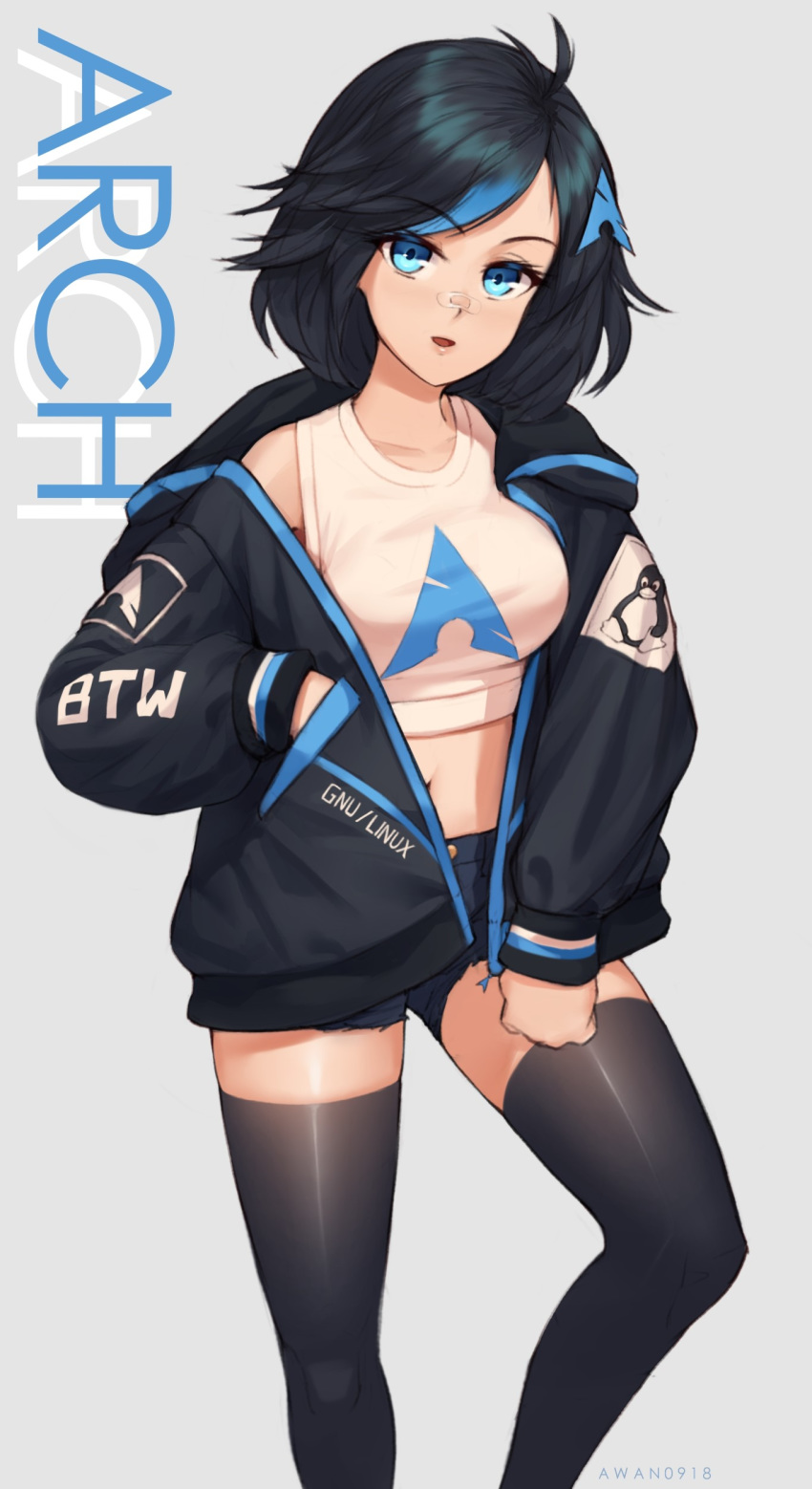 1girl, absurdres, arch_linux, awan0918, bandaid, bandaid_on_nose, black_hair, black_legwear