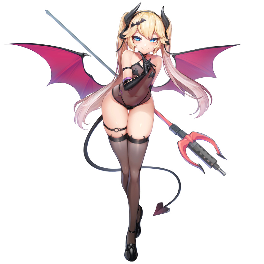 1girl, bangs, black_legwear, blonde_hair, blue_eyes, blush, demon_girl, demon_horns, demon_tail, demon_wings, flat_chest, highres, horns, last_origin, leotard, long_hair, looking_at_viewer, mary_janes, mh-4_thetis, navel, official_art, polearm, see-through, shoes, smile, solo, tachi-e, tail, thigh-highs, thigh_gap, transparent_background, trident, twintails, weapon, wings