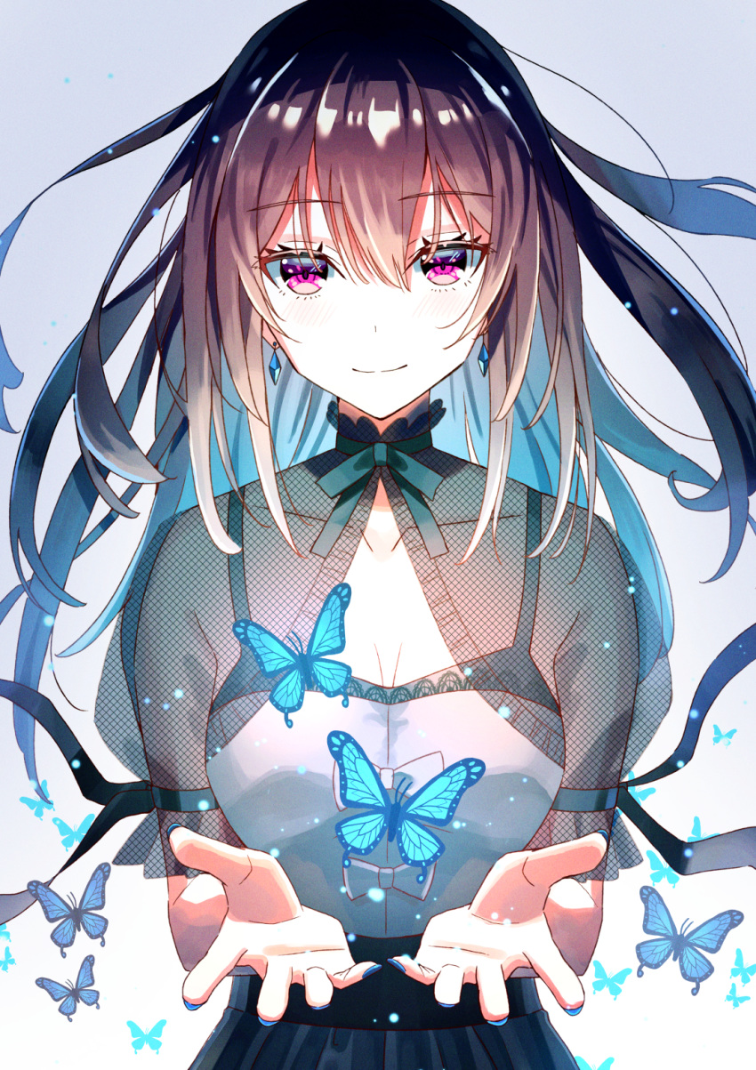 1girl, bangs, blue_nails, blush, breasts, brown_hair, bug, butterfly