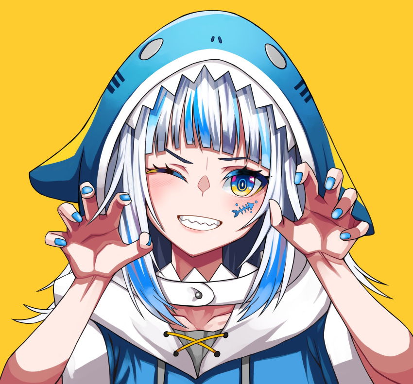 1girl, bangs, blue_hair, blue_nails, blunt_bangs, claw_pose, collarbone, fish_skeleton