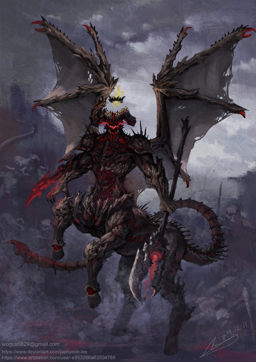 1boy, absurdres, armor, beelzebub, black_nails, blade, broken_horn, clouds, cloudy_sky, crown, dated, demon, fantasy, fingernails, floating, glowing, grey_sky, highres, holding, holding_weapon, hooves, horns, jaehyeon_lee, monster, open_mouth, original, outdoors, pauldrons, scorpion_tail, sharp_fingernails, sharp_teeth, shoulder_armor, signature, skeleton, skull, sky, spikes, tail, teeth, torn, torn_wings, weapon, wings