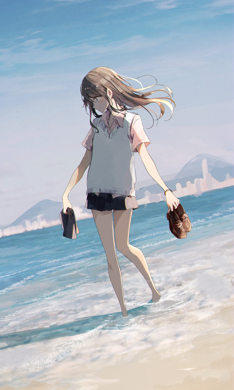 1girl, barefoot, beach, brown_hair, cardigan_vest, commentary, day, highres