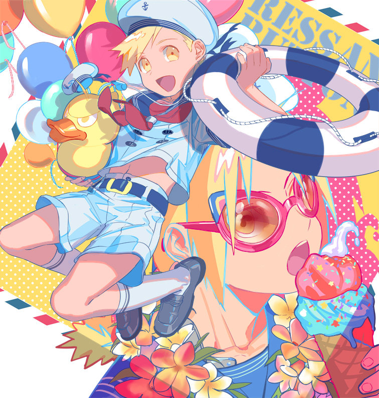 2boys, :d, alphonse_elric, alternate_costume, aqua_outline, backlighting, balloon, belt