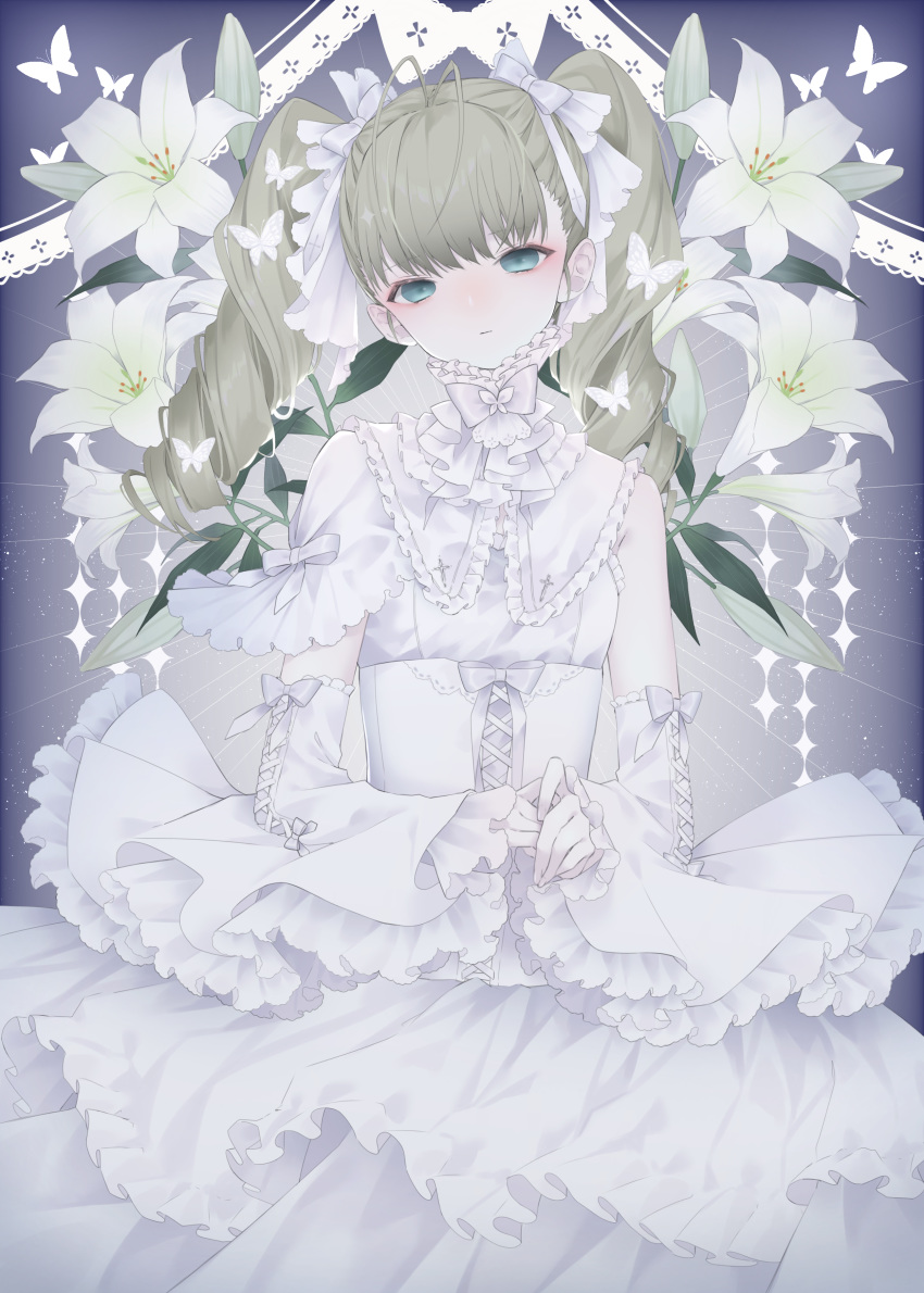 1girl, absurdres, antenna_hair, bangs, blue_eyes, bow, bug, butterfly, commission, dress, elbow_gloves, flower, frilled_dress, frills, gloves, highres, insect, kokoro_navi, kotarou_(kot_mochi), light_brown_hair, lily_(flower), long_hair, looking_at_viewer, simple_background, solo, twintails, white_bow, white_butterfly, white_dress, white_gloves