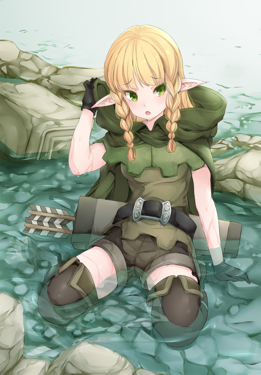 1girl, belt, blonde_hair, boots, braid, cloak, commentary, dragon's_crown