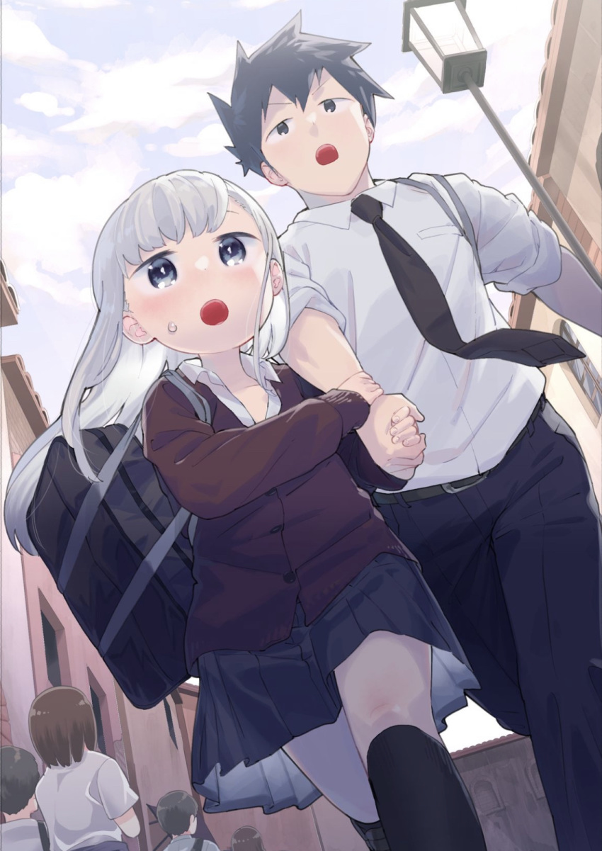 1boy, 1girl, :o, aharen-san_wa_hakarenai, aharen_reina, bag, black_eyes, black_hair