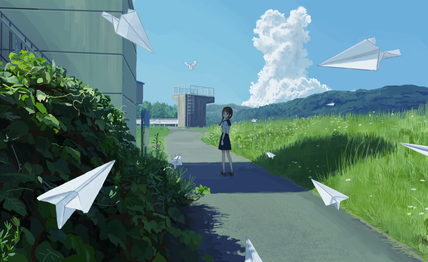 05tai_mono, 1girl, absurdres, amemori_sayo, black_hair, braid, bush, commentary_request