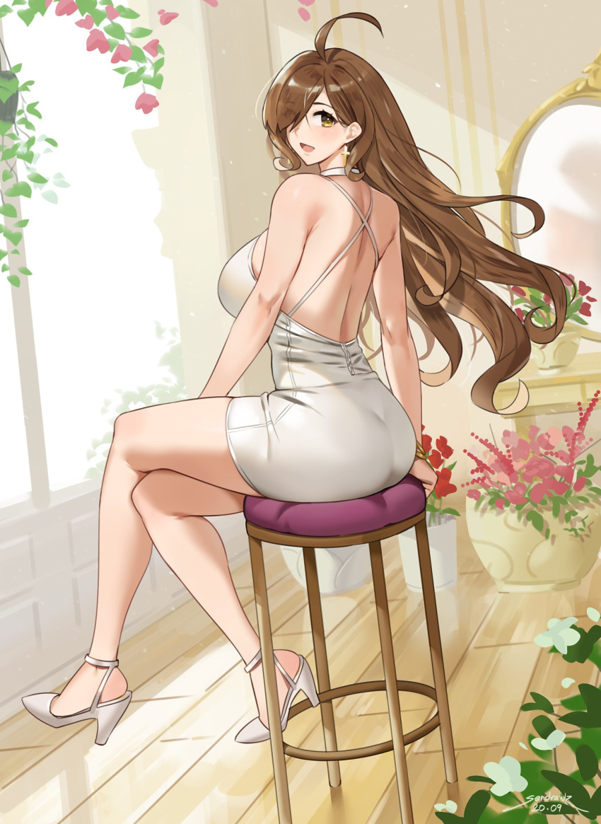 1girl, ahoge, ass, back, bangs, bare_shoulders, blush, breasts