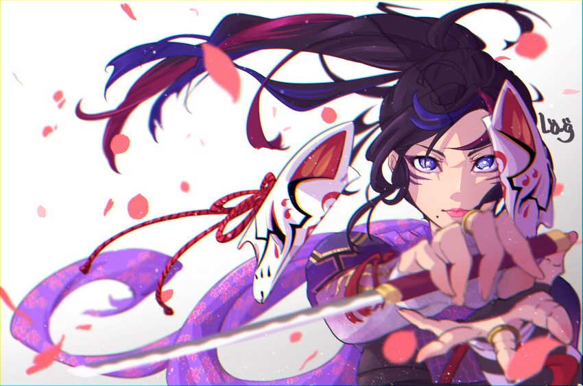 1girl, absurdres, alluring, black_hair, blue_hair, bridal_gauntlets, broken_mask, commentary_request