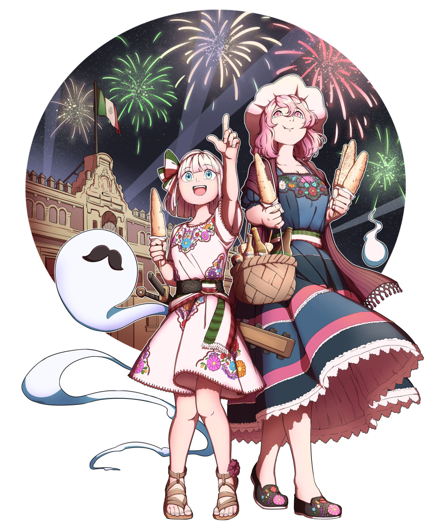 2girls, absurdres, bare_legs, basket, blue_eyes, brown_footwear, dress, facial_hair