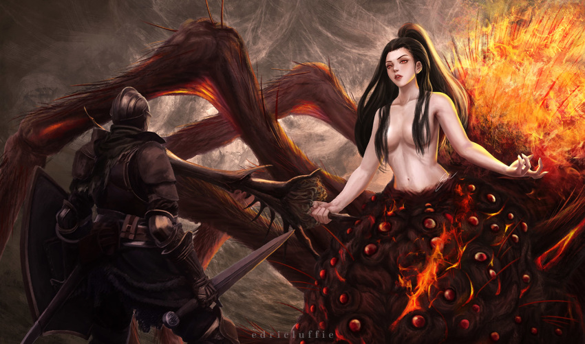1girl, 1other, armor, artist_name, black_hair, breastplate, breasts, bug