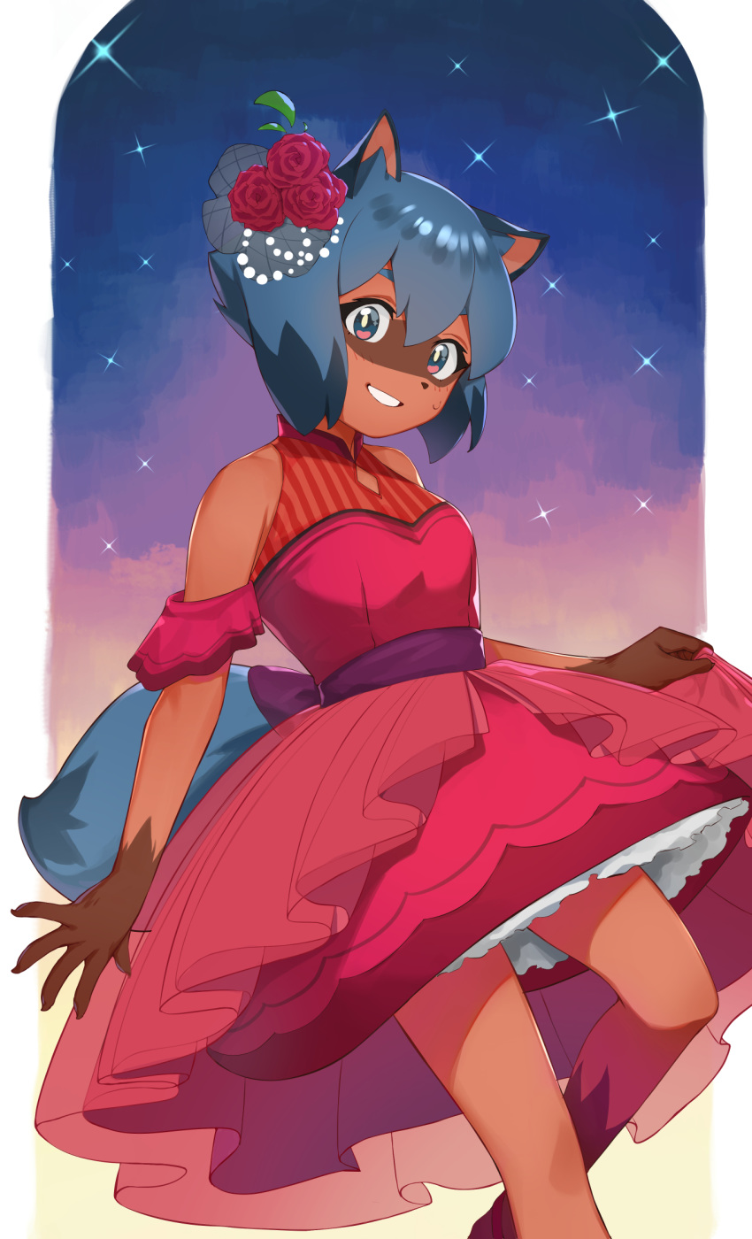 1girl, animal_ears, bangs, bare_shoulders, blue_hair, blush, brand_new_animal, breasts