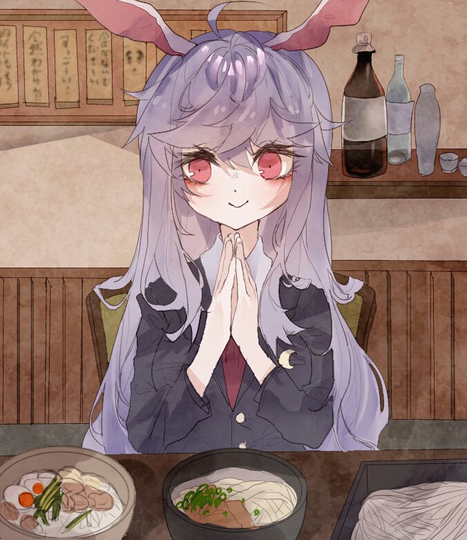 1girl, animal_ears, bangs, blazer, blurry, blurry_background, bottle, bowl, bunny_girl, buttons, collared_shirt, commentary_request, cork, crescent, crescent_moon_pin, cup, egg, food, hair_between_eyes, hands_together, hardboiled_egg, jacket, light_purple_hair, long_hair, looking_at_viewer, necktie, noodles, purple_hair, rabbit_ears, ramen, red_eyes, red_neckwear, reisen_udongein_inaba, shelf, shinjitsu_no_kuchi, shirt, sitting, smile, solo, spring_onion, tonkatsu, touhou, translation_request