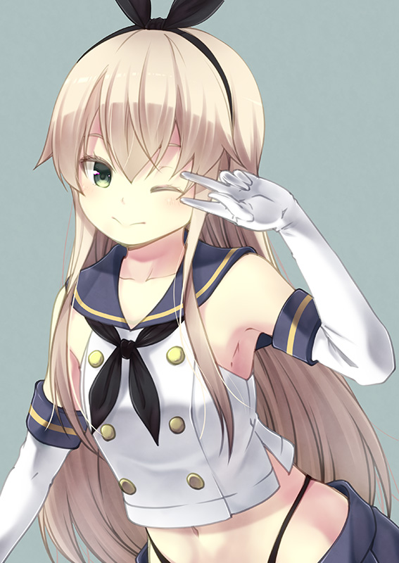 1girl, black_neckwear, black_panties, blonde_hair, blue_sailor_collar, blue_skirt, blush, closed_mouth