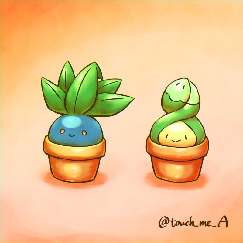 :>, artist_name, budew, closed_mouth, commentary_request, flower_pot, gen_1_pokemon, gen_4_pokemon, in_pot, no_humans, oddish, orange_eyes, pokemon, pokemon_(creature), smile, touch_me_a, watermark