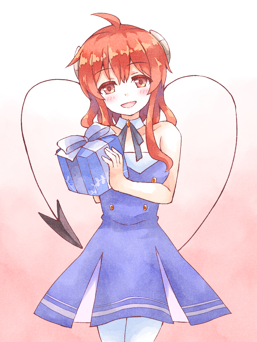 1girl, bangs, bare_shoulders, demon_tail, detached_collar, eyebrows_visible_through_hair, gift, head_tilt