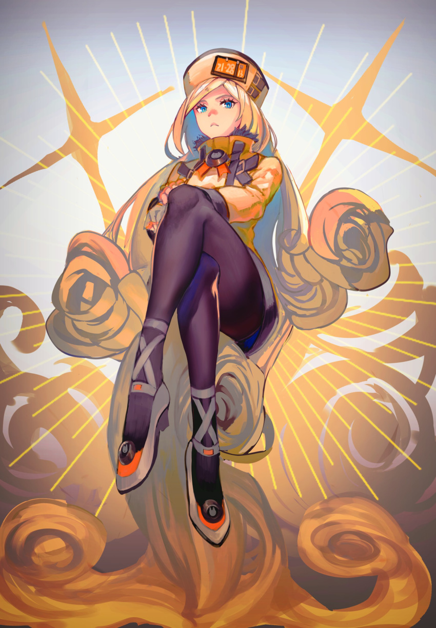 1girl, :<, absurdres, black_legwear, blonde_hair, blue_eyes, cross-laced_footwear, crossed_legs, fingerless_gloves, fur_hat, gloves, guilty_gear, guilty_gear_xrd, hat, high_heels, highres, laio, millia_rage, orange_headwear, pantyhose, prehensile_hair, sitting_on_hair, solo, ushanka