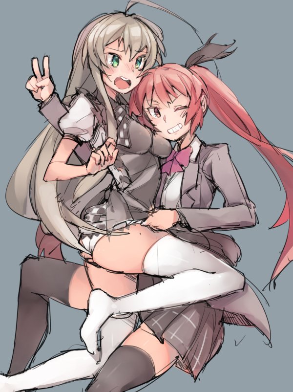 2girls, ;d, ahoge, ass, assisted_exposure, black_legwear, blush, breasts, checkered, checkered_skirt, commentary, cthugha_(nyaruko-san), english_commentary, flat_ass, flat_chest, ge-b, green_eyes, haiyore!_nyaruko-san, huge_ahoge, long_hair, multiple_girls, no_shoes, nyarlathotep_(nyaruko-san), one_eye_closed, open_mouth, panties, pantyshot, pleated_skirt, red_eyes, redhead, silver_hair, skirt, skirt_lift, small_breasts, smile, thigh-highs, twintails, underwear, upper_teeth, v, white_legwear, white_panties, yuri