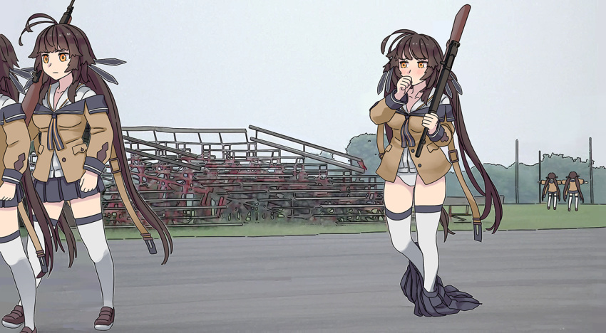 5girls, antenna_hair, battle_rifle, blush, breasts, brown_hair, clone, derivative_work, full_metal_jacket, girls_frontline, gun, long_hair, m14, m14_(girls_frontline), medium_breasts, multiple_girls, orange_eyes, panties, parody, photo, rifle, scene_reference, screencap_redraw, skirt_around_ankles, t-pose, tab_(tabkun), thigh-highs, thumb_sucking, underwear, very_long_hair, weapon