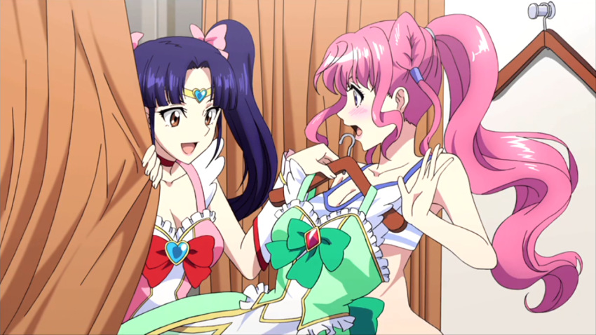 2girls, blush, changing_room, clothes_hanger, cosplay, cross_ange_tr, curtains, game_cg, lingerie, magical_girl, multiple_girls, naomi_(cross_ange), official_art, open_mouth, pink_hair, ponytail, purple_hair, ribbon, salia_(cross_ange), smile, surprised, twintails, underwear