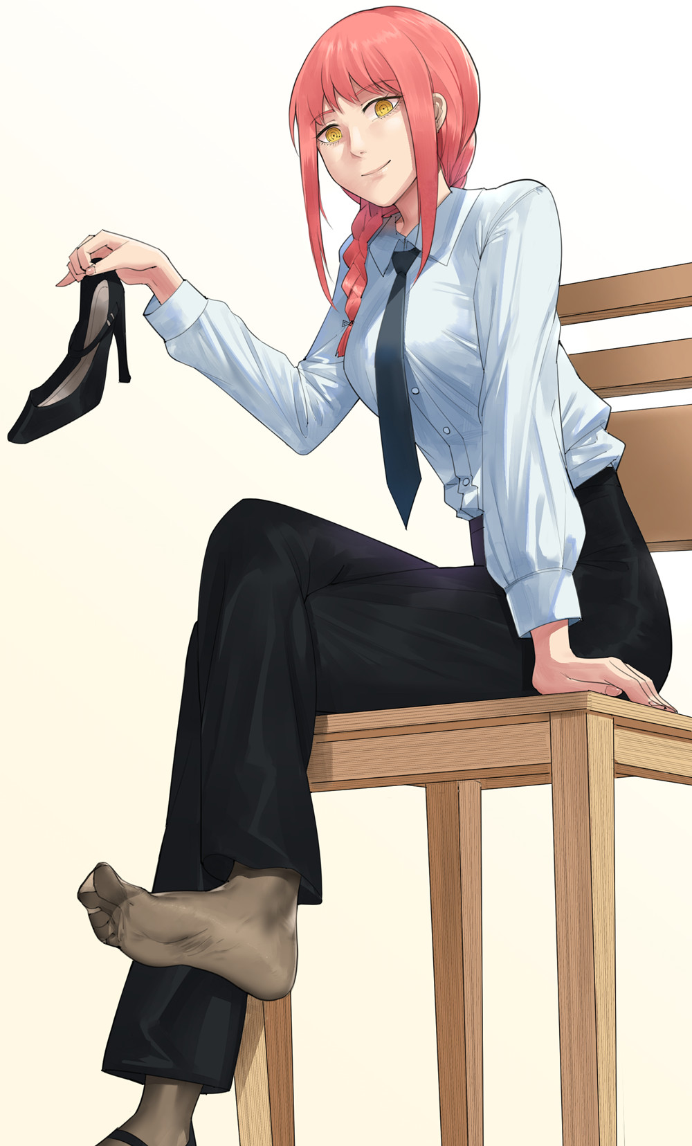 1girl, black_eyepatch, black_legwear, black_neckwear, braid, braided_ponytail, business_suit, chainsaw_man