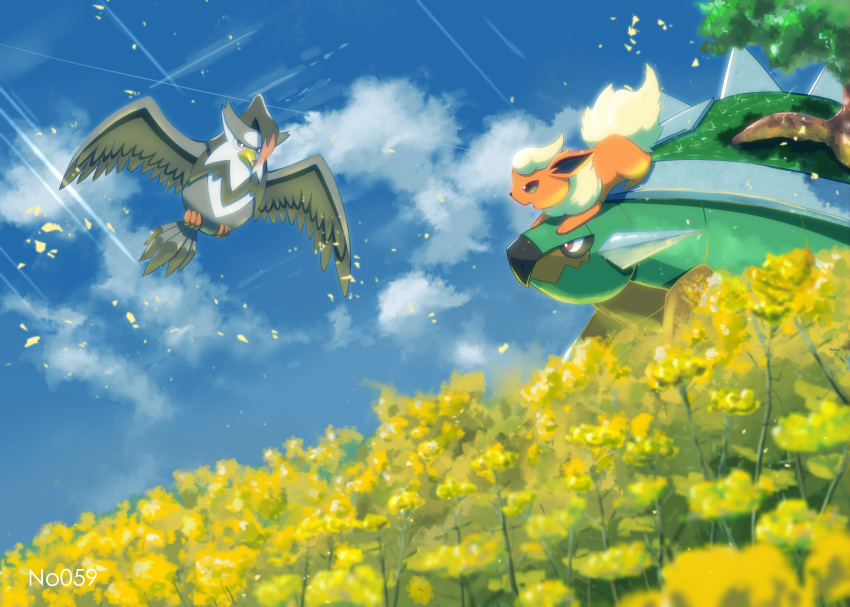 artist_name, bird, clouds, commentary_request, day, flareon, flower, fur