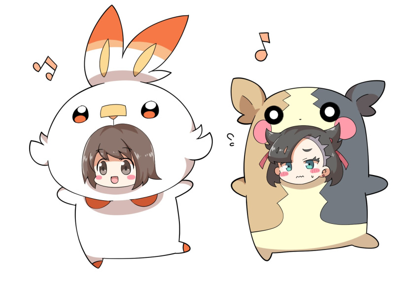 2girls, :d, asymmetrical_bangs, bangs, black_hair, blush_stickers, brown_eyes, brown_hair, chibi, commentary_request, cosplay, earrings, eyebrows_visible_through_hair, eyelashes, gen_8_pokemon, gloria_(pokemon), green_eyes, hair_ribbon, highres, jewelry, maks_(makusu_210), marnie_(pokemon), morpeko, morpeko_(cosplay), multiple_girls, musical_note, open_mouth, pokemon, pokemon_(game), pokemon_swsh, red_ribbon, ribbon, scorbunny, scorbunny_(cosplay), short_hair, smile, sweatdrop, tongue, wavy_mouth