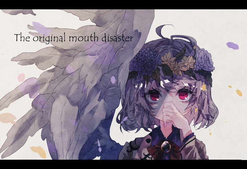 1girl, ahoge, bangs, brooch, collared_shirt, commentary_request, covering_mouth, english_text