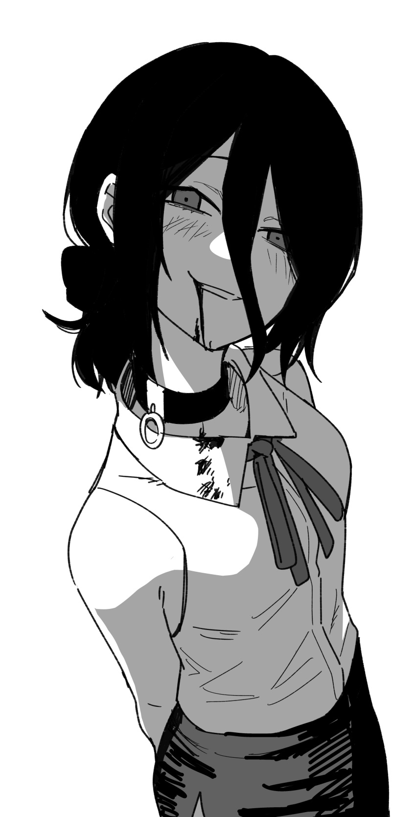 1girl, absurdres, arms_behind_back, black_choker, black_hair, black_ribbon, black_skirt, blood, blood_from_mouth, blush, breasts, chainsaw_man, choker, collared_shirt, greyscale, hair_between_eyes, hair_bun, highres, looking_at_viewer, medium_hair, miniskirt, monochrome, parted_lips, reze_(chainsaw_man), ribbon, shirt, shirt_tucked_in, simple_background, skirt, sleeveless, small_breasts, smirk, solo, toxin000x, upper_body, white_background