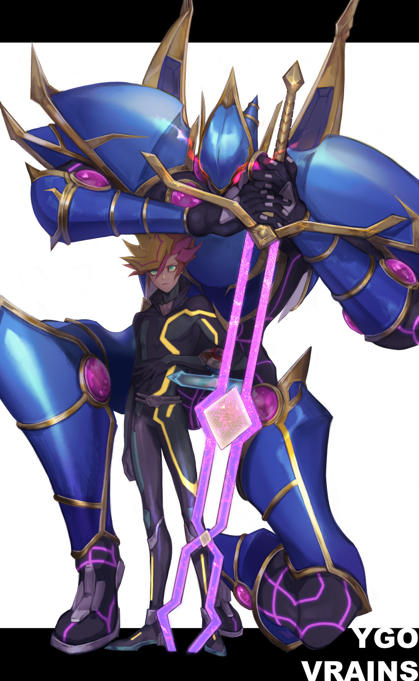 2boys, absurdres, arm_at_side, armor, blonde_hair, bodysuit, card, commentary_request, decode_talker, duel_monster, fujiki_yuusaku, full_body, green_eyes, highres, holding, holding_sword, holding_weapon, huge_filesize, multicolored_hair, multiple_boys, orange_hair, pink_hair, planted_sword, planted_weapon, playmaker, standing, sword, vvhoneygo, weapon, yu-gi-oh!, yu-gi-oh!_vrains
