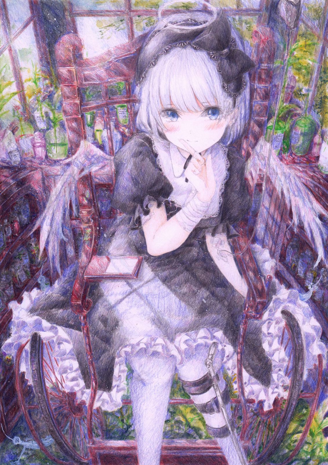 1girl, angel, angel_wings, bandages, black_dress, blue_eyes, bob_cut, bow