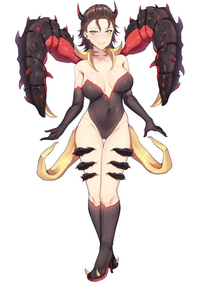 1girl, band-width, bare_shoulders, claws, closed_mouth, commission, deep_rock_galactic, elbow_gloves, english_commentary, full_body, gloves, glyphid_dreadnought, high_heels, highres, horns, looking_at_viewer, monster_girl, navel, personification, simple_background, smile, solo, standing, white_background, yellow_eyes