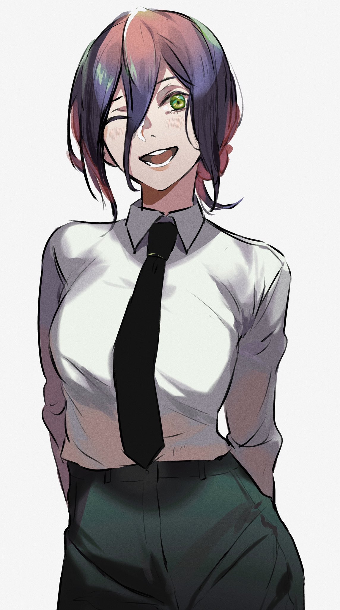 1girl, alternate_costume, arms_behind_back, black_hair, black_neckwear, black_pants, blush, breasts