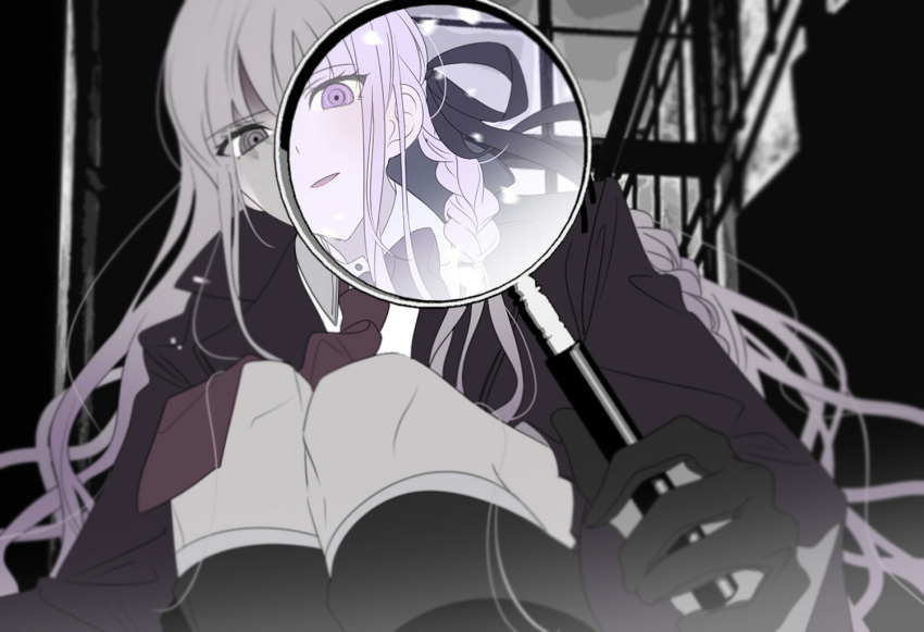1girl, braid, collar, dangan_ronpa, dark_background, eyebrows_visible_through_hair, foreshortening, from_below