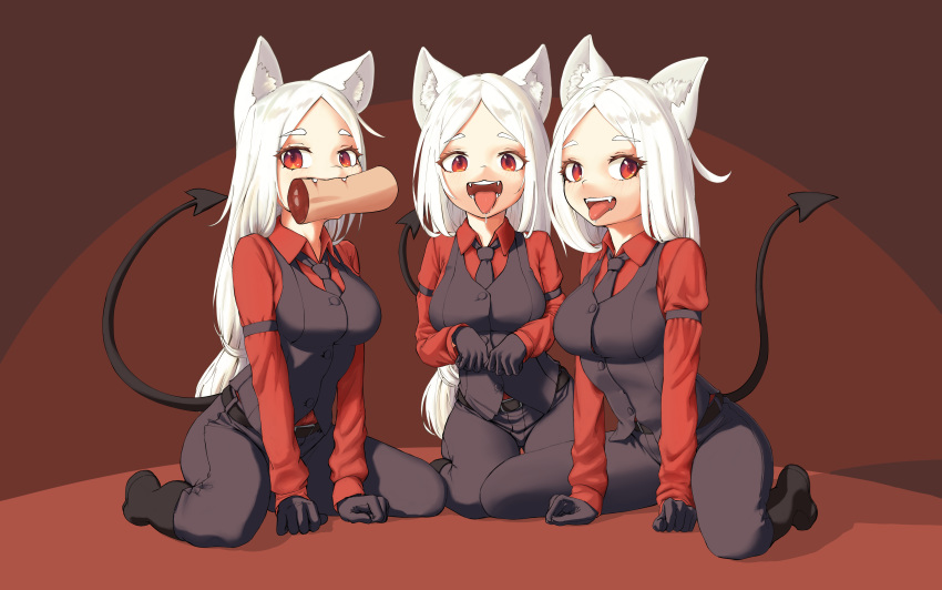 3girls, absurdres, animal_ears, arm_garter, bangs, black_gloves, breasts, cerberus_(helltaker), collared_shirt, demon_girl, demon_tail, dog_ears, dog_girl, fang, fangs, food, forehead, gloves, helltaker, highres, kaos_(998), large_breasts, long_hair, long_sleeves, looking_at_viewer, multiple_girls, necktie, open_mouth, pancake, pants, parted_bangs, red_background, red_eyes, red_shirt, saliva, shirt, sitting, smile, tail, tongue, tongue_out, triplets, two-tone_background, vest, waistcoat, wariza, white_hair