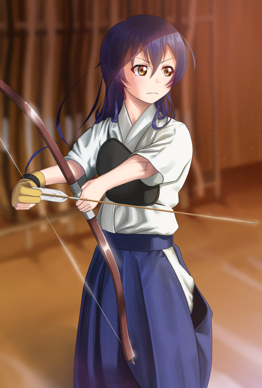 1girl, archery, archery_dojo, arm_up, arrow_(projectile), bangs, blue_hair, bow_(weapon)