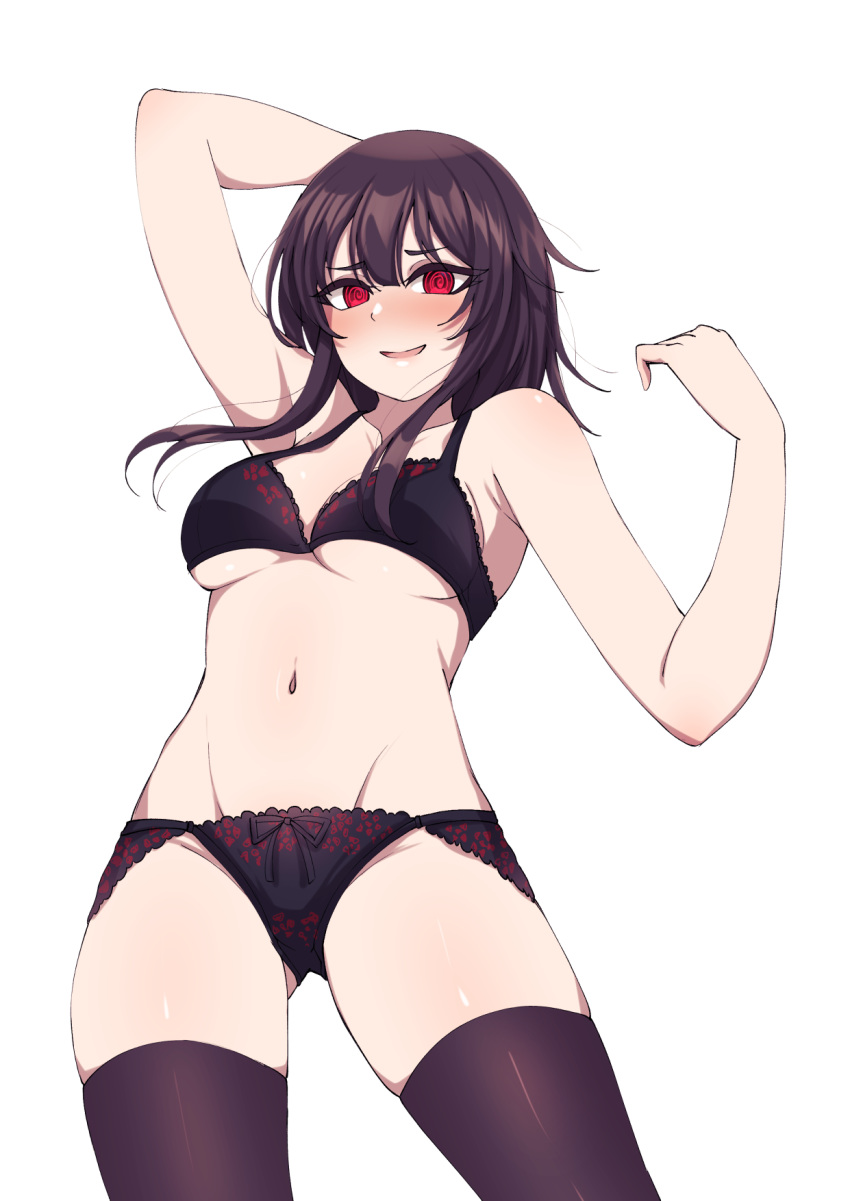 1girl, :d, @_@, alternate_breast_size, arm_up, bad_arm, bangs, bare_arms