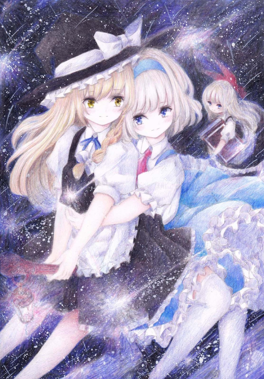 3girls, alice_margatroid, apron, blonde_hair, blue_dress, blue_eyes, bob_cut, bow